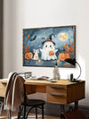 Whimsical Halloween Canvas Poster - Cat and Ghost Design