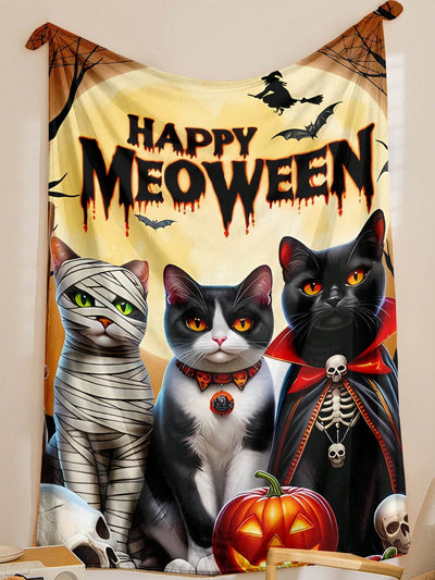 Spooky Graffiti Halloween Cats Printed Flannel Blanket - Perfect Home Decor and Holiday Gift