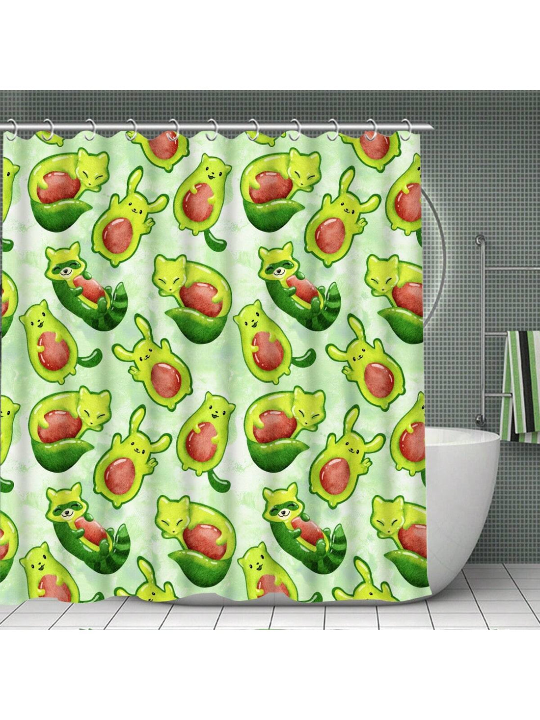 Enhance your bathroom with our Adorable Avocado Bathroom Set. This set includes a waterproof curtain, rug, mat, and hooks. Keep your floors dry while adding a fun and cute touch to your bathroom decor. Perfect for any avocado lover.