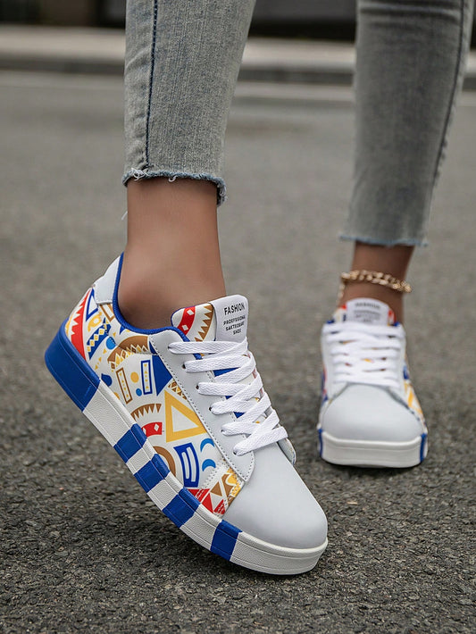 Women's Colorblock Graffiti Lace Up Sneakers: Fashionable, Trendy, and Lightweight