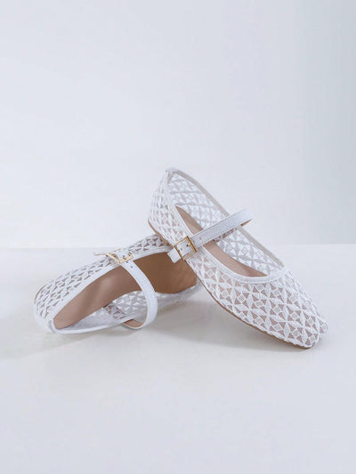 Elegance in Bloom: Women's Floral Embroidered White Mesh Ballet Flats