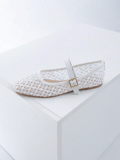 Elegance in Bloom: Women's Floral Embroidered White Mesh Ballet Flats