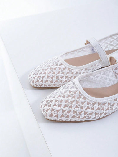 Elegance in Bloom: Women's Floral Embroidered White Mesh Ballet Flats