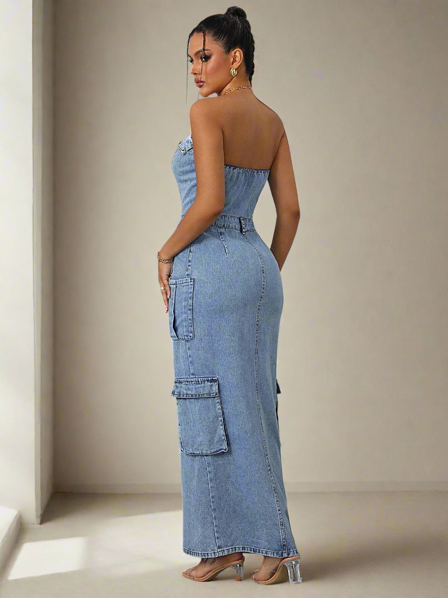 This solid tube top denim dress exudes effortless chic style. Made for women, it features a flattering tube top design and durable denim fabric. Perfect for any occasion, pair it with your favorite accessories for a versatile and sophisticated look.