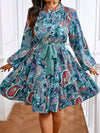 Elegant Paisley Print Lantern Sleeve Ruffled Hem Belted Dress for Plus Sizes