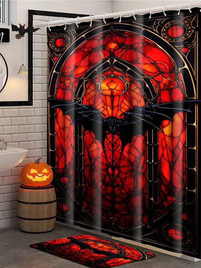 Pumpkin and Bat Halloween Shower Curtain - Waterproof Polyester with Hooks