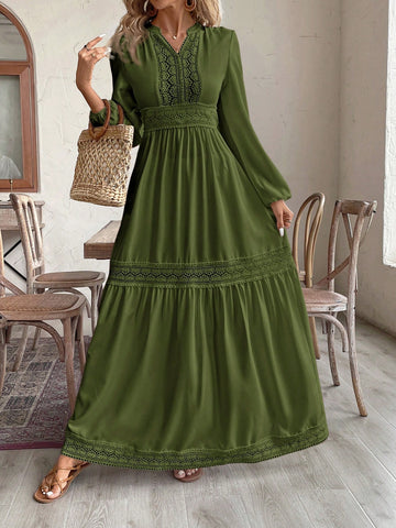 Women Western Boho Pattern V-Neck Holiday Super Long Plus Size Dress - Perfect For Autumn/Winter