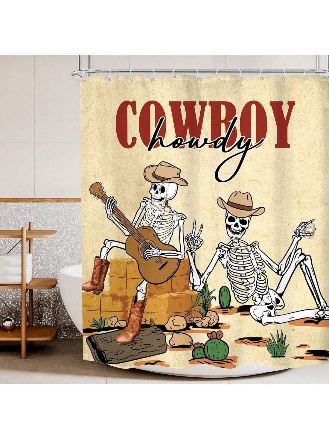 This Gothic Southwest Skull Shower Curtain is the perfect addition to your bathroom for country music lovers. The intricate skull design adds a touch of edgy style to your decor, while the desert landscape ties in the rustic feel of country living. Made with high-quality materials, this curtain is durable and easy to maintain. 
