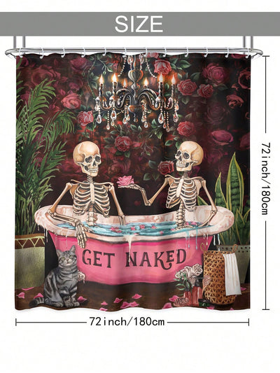 Hot Pink Gothic Rose Skull Couple Waterproof Shower Curtain With Hooks - Chic Bathroom Home Decor