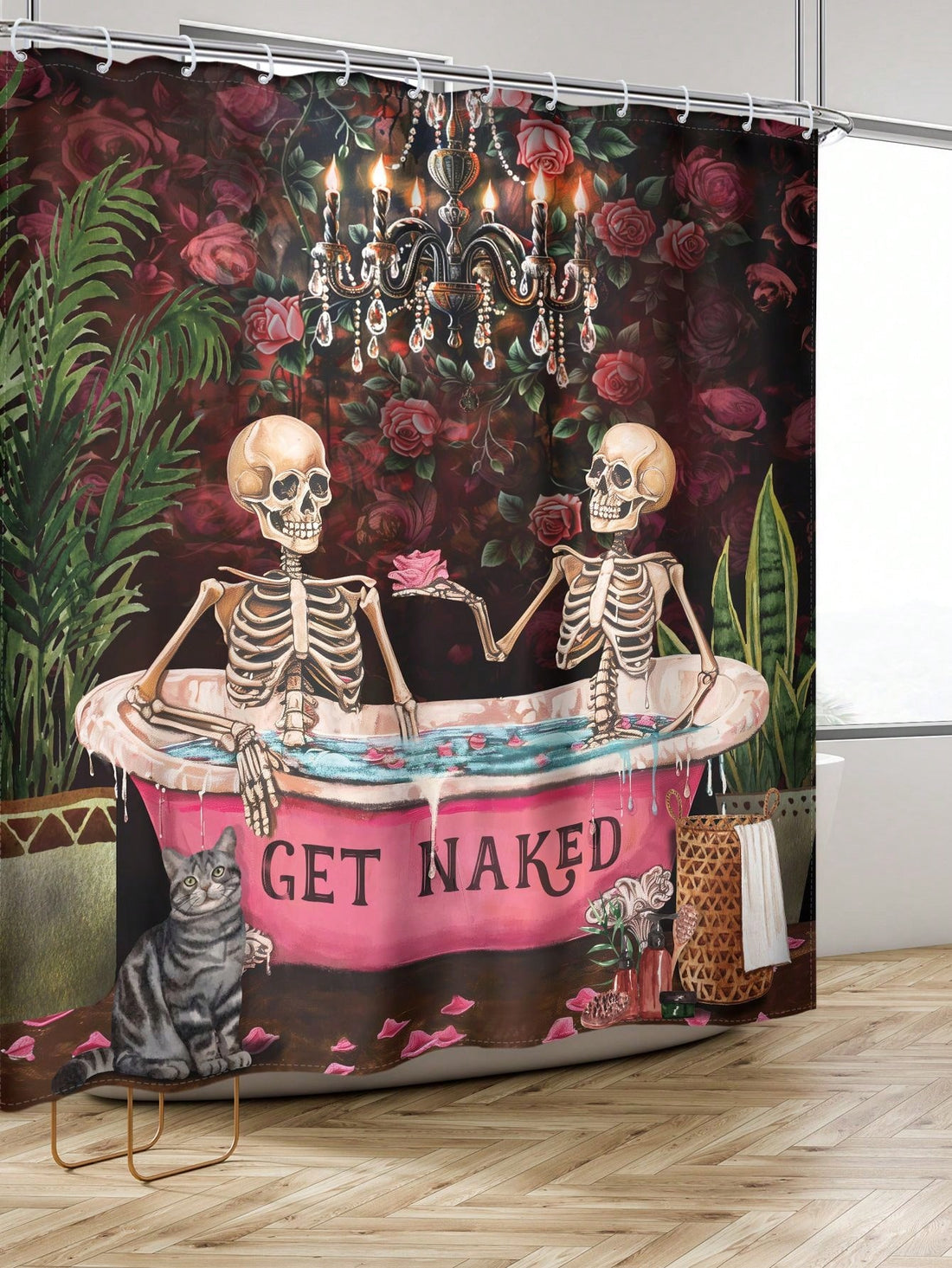 Transform your bathroom into a chic and stylish oasis with our Hot Pink Gothic Rose Skull Couple Shower Curtain. Made with waterproof material, this curtain will keep your bathroom dry and clean. The unique design featuring a hot pink Gothic rose and skull couple will add a touch of edgy elegance to any home decor. Includes convenient hooks for easy installation.
