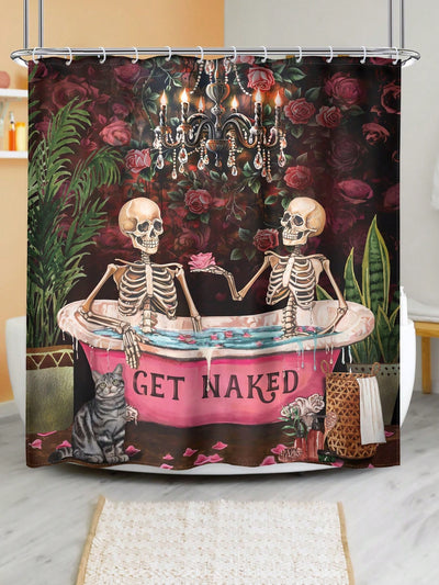 Hot Pink Gothic Rose Skull Couple Waterproof Shower Curtain With Hooks - Chic Bathroom Home Decor