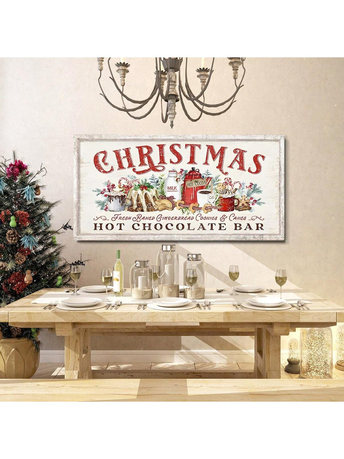 This festive wall art adds a touch of holiday cheer to any space. With its charming farmhouse design and cozy hot cocoa bar motif, it's the perfect addition to your Christmas decor. Made with durable canvas, this decoration will last for many holiday seasons to come.