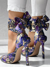 Blooming Beauty High Heels: Floral Print Satin Bow Tie Shoes for Party and Events