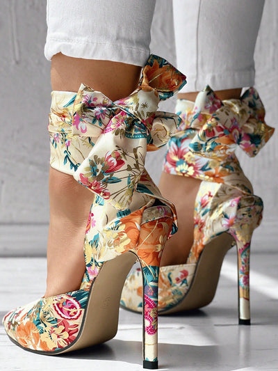 Blooming Beauty High Heels: Floral Print Satin Bow Tie Shoes for Party and Events