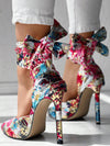 Blooming Beauty High Heels: Floral Print Satin Bow Tie Shoes for Party and Events