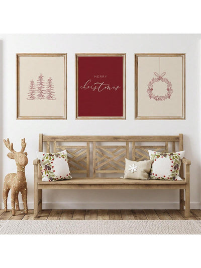 Minimalist Christmas Charm: Set of 3 Burgundy and Beige Wall Decorations