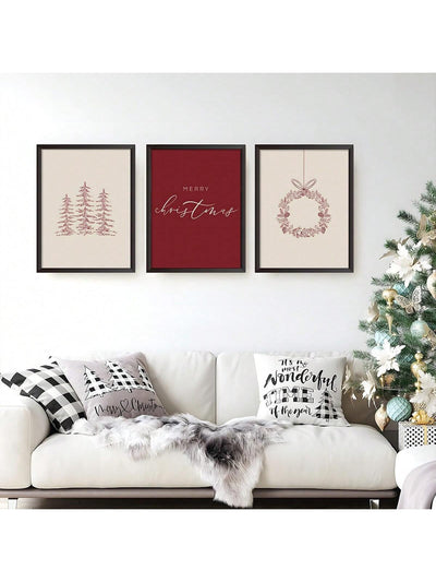 Minimalist Christmas Charm: Set of 3 Burgundy and Beige Wall Decorations