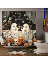 Cartoon Pumpkin & Skull Halloween Bathroom Set: Shower Curtain, Hooks, Mat, Rug