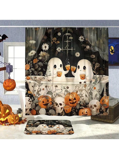 Cartoon Pumpkin & Skull Halloween Bathroom Set: Shower Curtain, Hooks, Mat, Rug