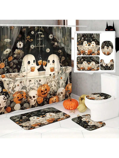 Cartoon Pumpkin & Skull Halloween Bathroom Set: Shower Curtain, Hooks, Mat, Rug