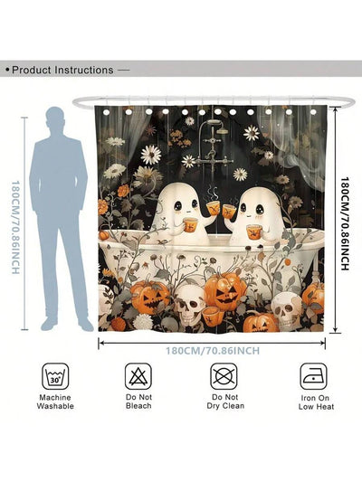 Cartoon Pumpkin & Skull Halloween Bathroom Set: Shower Curtain, Hooks, Mat, Rug