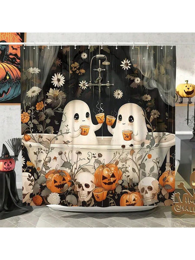 Cartoon Pumpkin & Skull Halloween Bathroom Set: Shower Curtain, Hooks, Mat, Rug