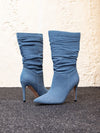 Chic Blue Ruched Mid-Calf Boots with Pointed Toe & High Heel