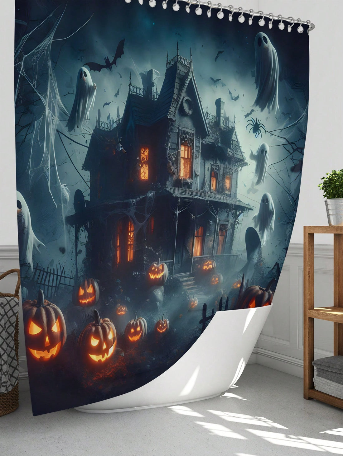 Make your bathroom extra spooky with our Spooky and Stylish Halloween Ghost Themed Shower Curtain Set. This crystal clear, 3D plastic shower curtain adds a touch of elegance to your decor while providing a perfect backdrop for your Halloween decorations. Transform your bathroom into a haunted haven with this stylish and functional shower curtain.