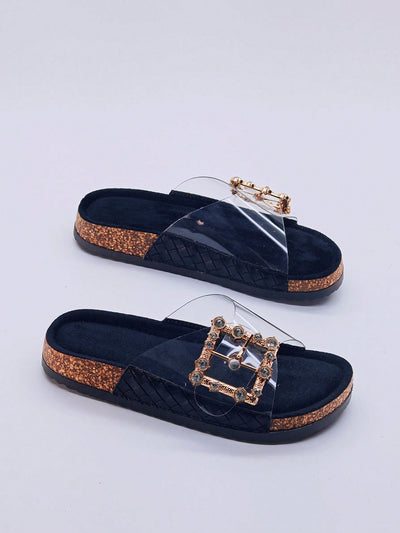 Black Bow Knot Diamond Studded Slide Sandals: Trendy Flats for Beach Vacation