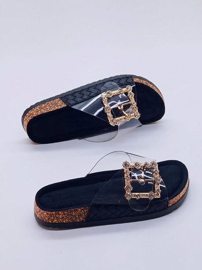 Black Bow Knot Diamond Studded Slide Sandals: Trendy Flats for Beach Vacation