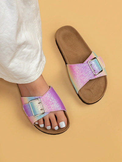 Sparkling Summer: Women's Multi-Color Cork Sandals with Glitter Buckle