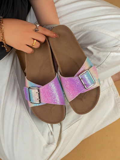 Sparkling Summer: Women's Multi-Color Cork Sandals with Glitter Buckle