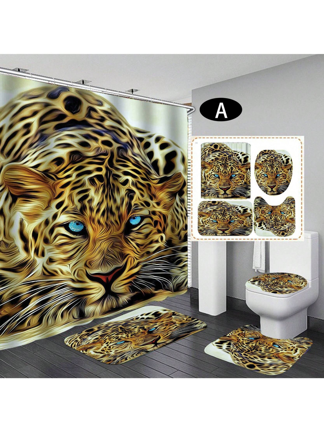 Transform your bathroom into a wild safari with our bathroom décor set. Featuring a stunning leopard and tiger shower curtain, and matching accessories, this set will add a touch of adventure and elegance to your daily routine. Made with high-quality materials, it's the perfect addition for any animal lover's bathroom.