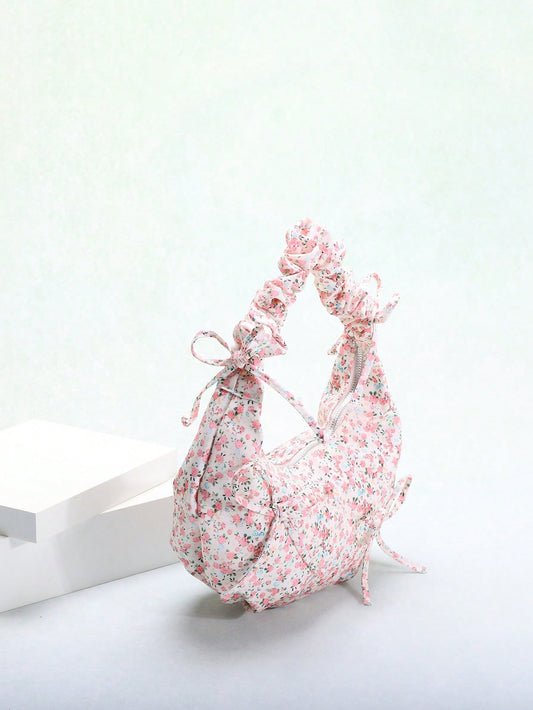 Ditsy Floral Dumpling Handbag: Korean Fashion Shoulder Bag with Bowknot Decor