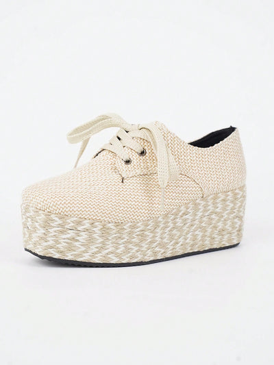 Chic Beige Suede Wedge Platform Lace-Up Shoes with Dual-Tone Rope Soles