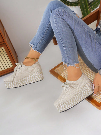 Chic Beige Suede Wedge Platform Lace-Up Shoes with Dual-Tone Rope Soles