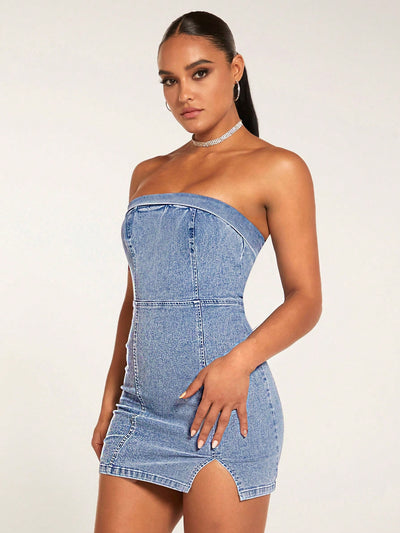 Summer Chic: Women's Strapless Split Hem Denim Dress