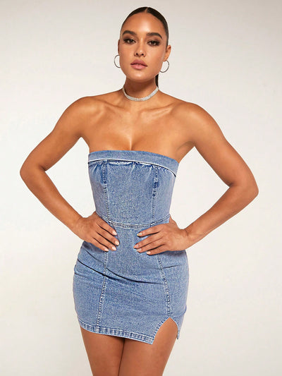 Summer Chic: Women's Strapless Split Hem Denim Dress