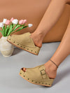 Studded Elegance: Women's Red Wedge Heel Sandals with Beige Cloth