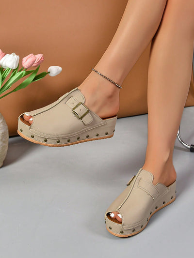 Studded Elegance: Women's Red Wedge Heel Sandals with Beige Cloth