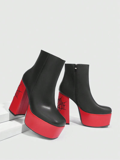 Square Toe Chunky Heel Party Ankle Boots - Waterproof and Embroidered for Fashionable Casual Outdoor Wear