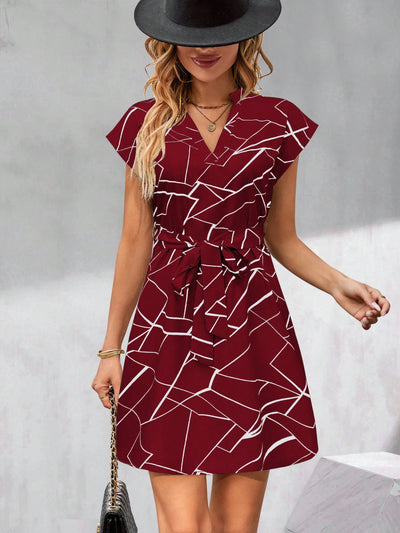 Elegant V-Neck Short Sleeve Dress with Allover Text Print and Waist Tie