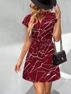 Elegant V-Neck Short Sleeve Dress with Allover Text Print and Waist Tie