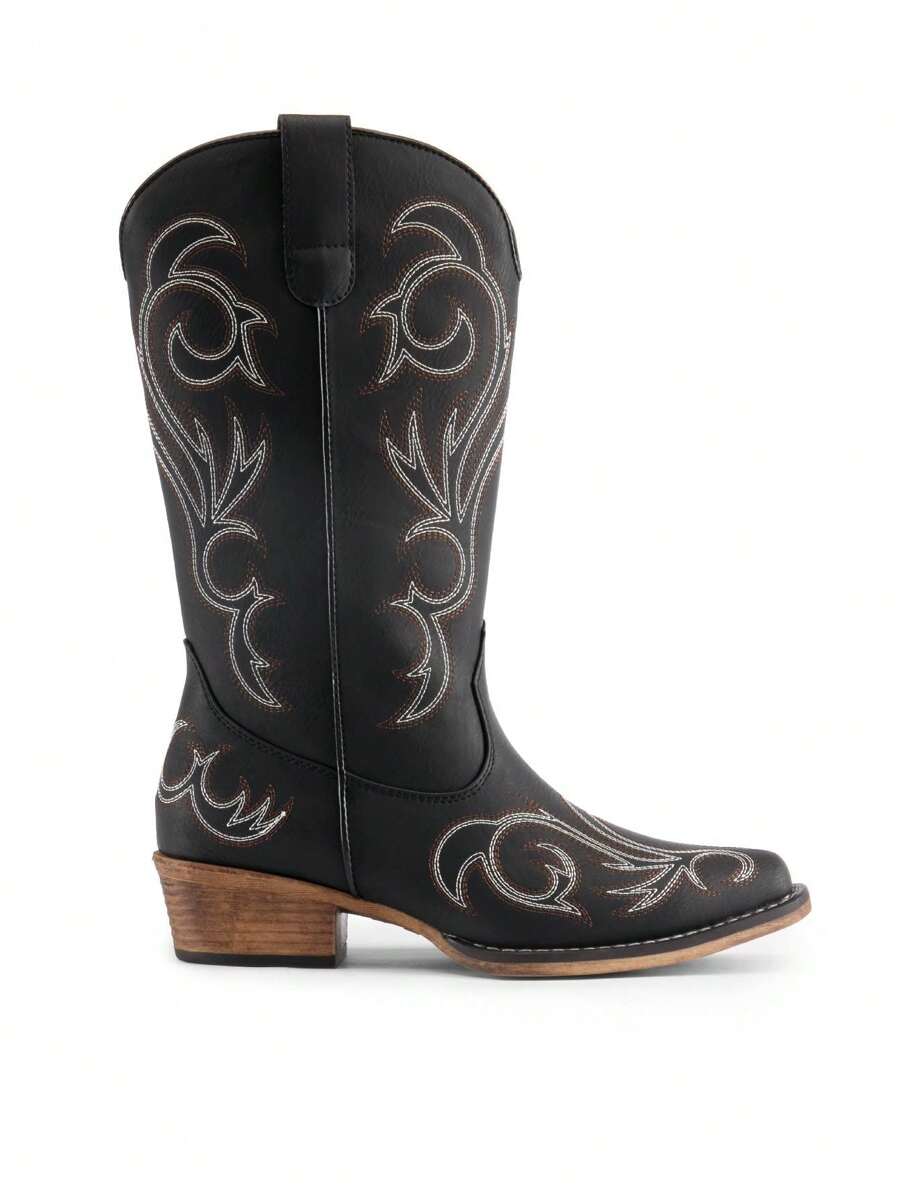 Outsole view of Stylish Women's Mid-Calf Cowgirl Boots with Chunky Heel and Embroidery for Festivals and Parties for punk motorcycle boot styling
