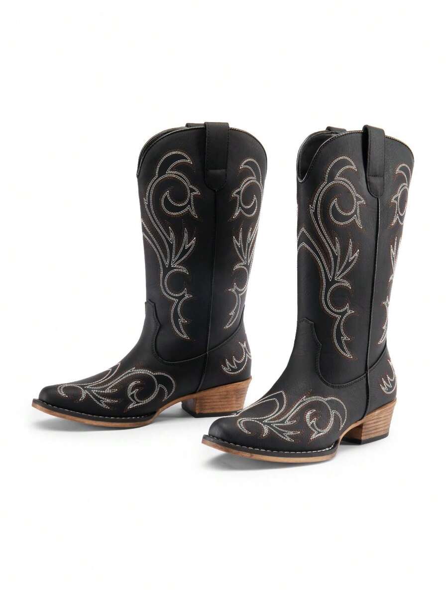 Color option view of Stylish Women's Mid-Calf Cowgirl Boots with Chunky Heel and Embroidery for Festivals and Parties for punk motorcycle boot styling