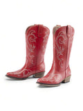 Side view of Stylish Women's Mid-Calf Cowgirl Boots with Chunky Heel and Embroidery for Festivals and Parties for punk motorcycle boot styling