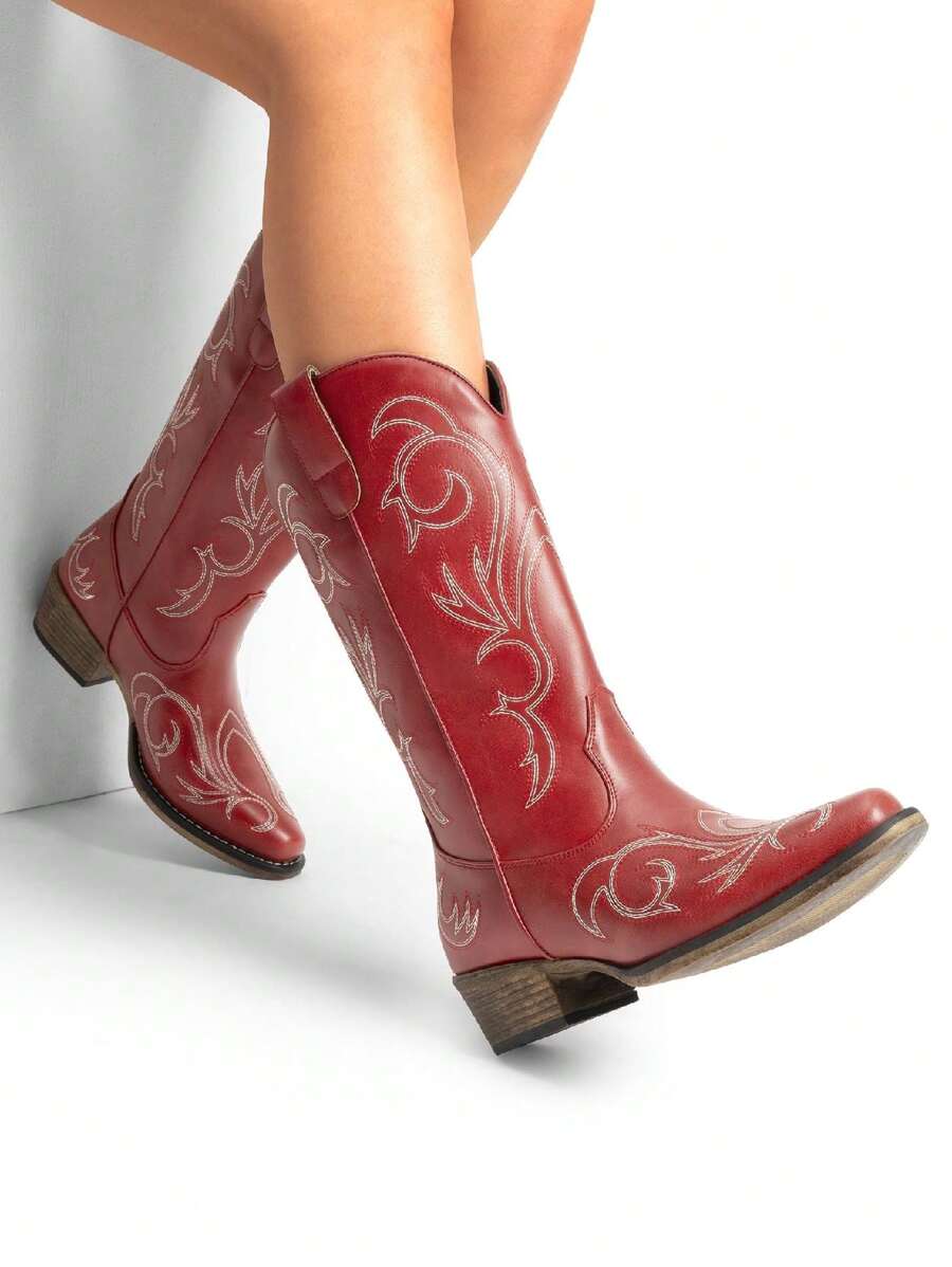 Back view of Stylish Women's Mid-Calf Cowgirl Boots with Chunky Heel and Embroidery for Festivals and Parties for punk motorcycle boot styling