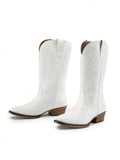 Front view of Stylish Women's Mid-Calf Cowgirl Boots with Chunky Heel and Embroidery for Festivals and Parties for punk motorcycle boot styling