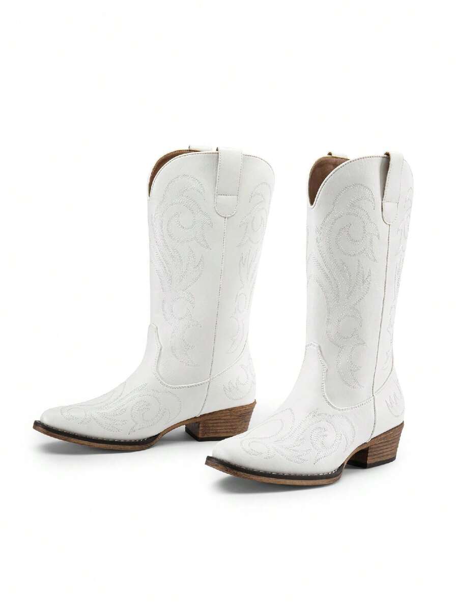 Front view of Stylish Women's Mid-Calf Cowgirl Boots with Chunky Heel and Embroidery for Festivals and Parties for punk motorcycle boot styling