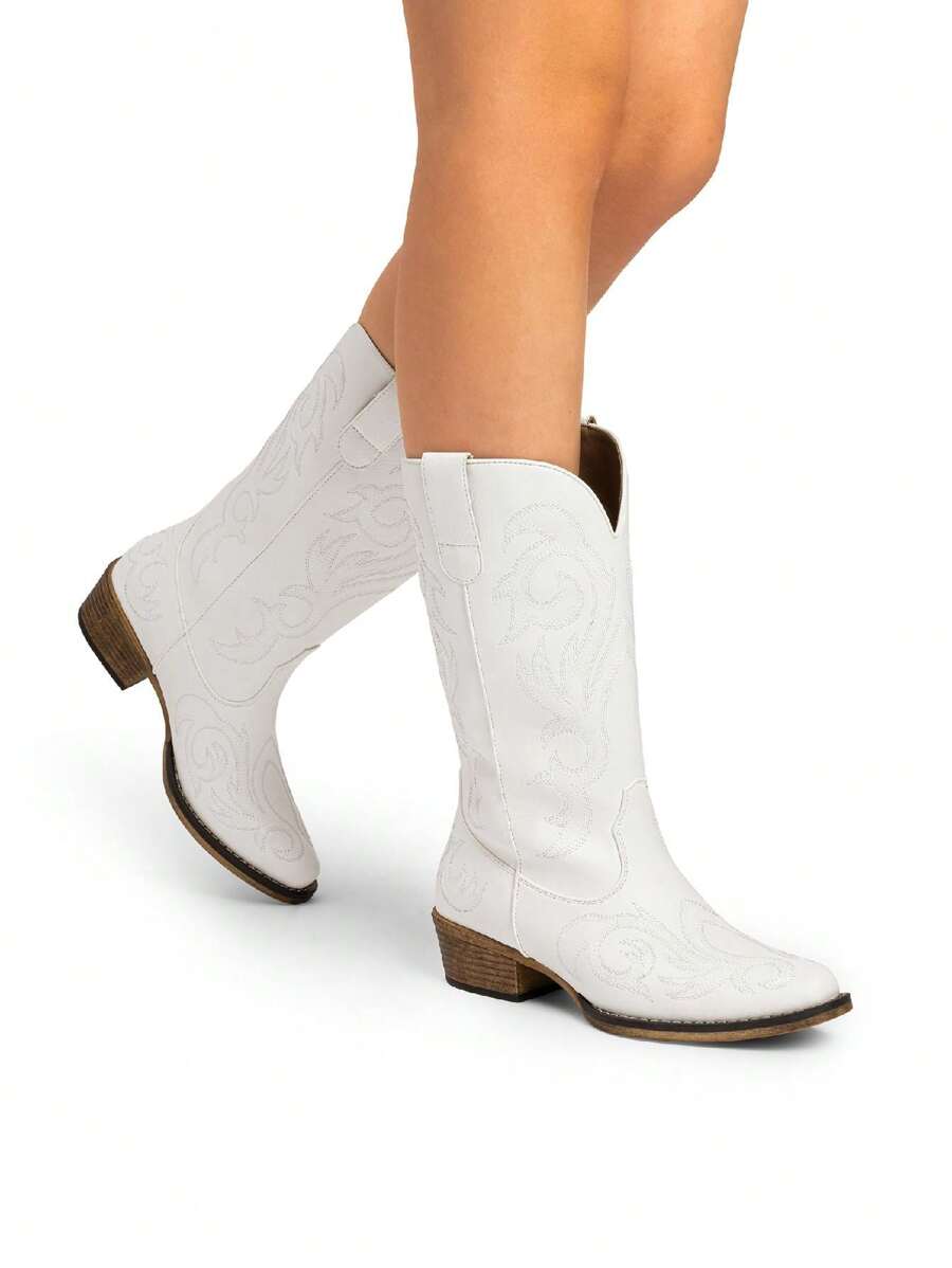 Back view of Stylish Women's Mid-Calf Cowgirl Boots with Chunky Heel and Embroidery for Festivals and Parties for punk motorcycle boot styling